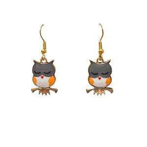 Enamel Grey and Orange Owl Charm on Gold Earrings #2213